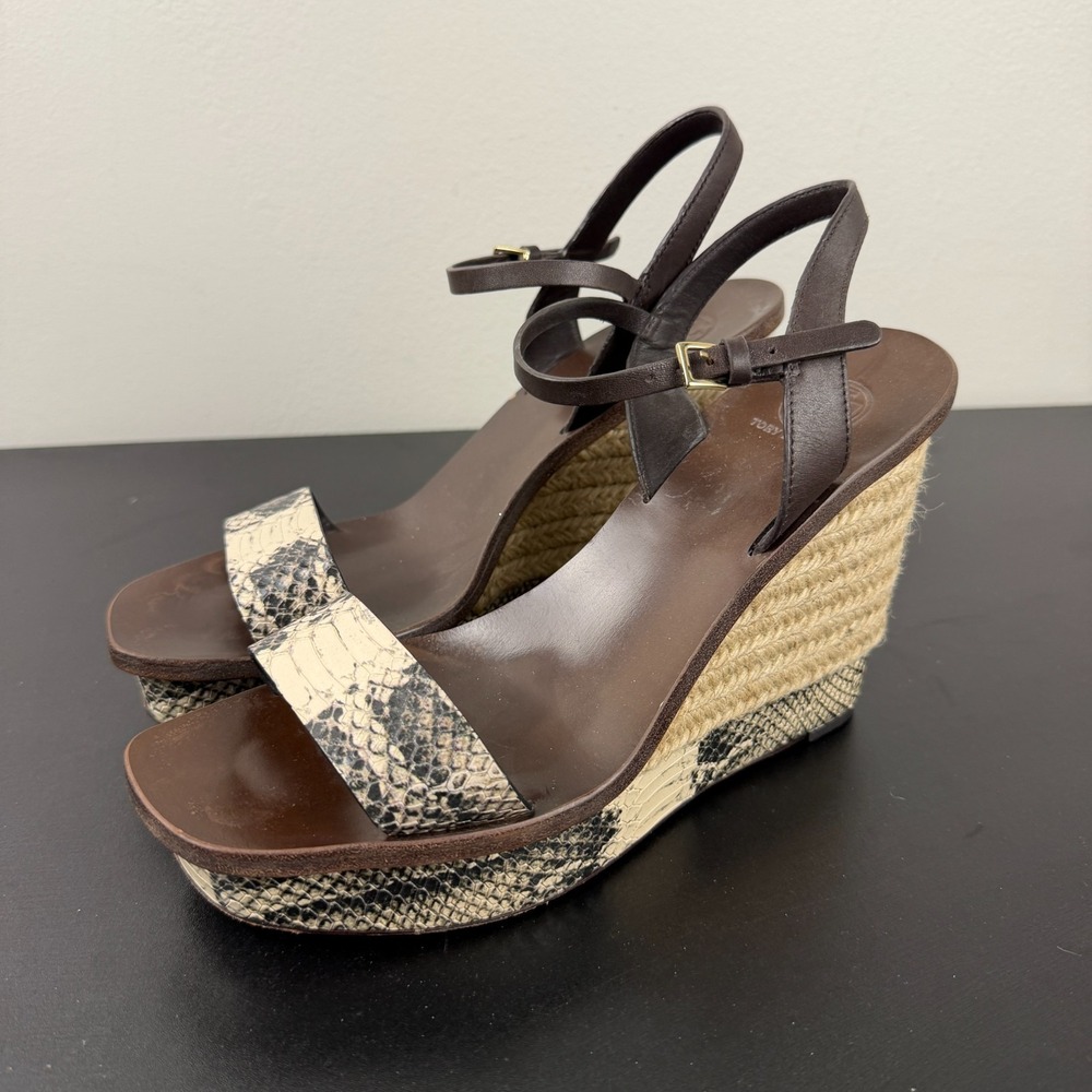 Tory Burch Sandals Womens 8.5M Brown Snakeskin Espadrille Wedge Heels Casual Fun - Picture 2 of 16